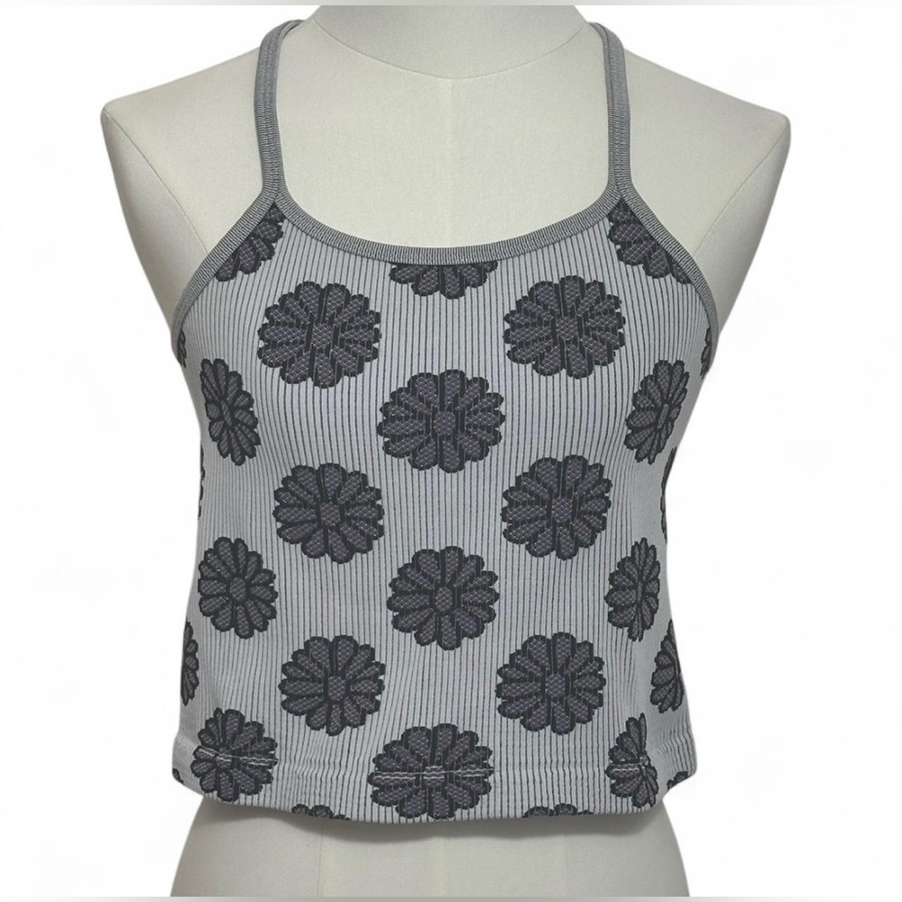 Aura Floral Daisy Cropped Coquette Ribbed Tank Top – Gray & Purple (Size M/L)